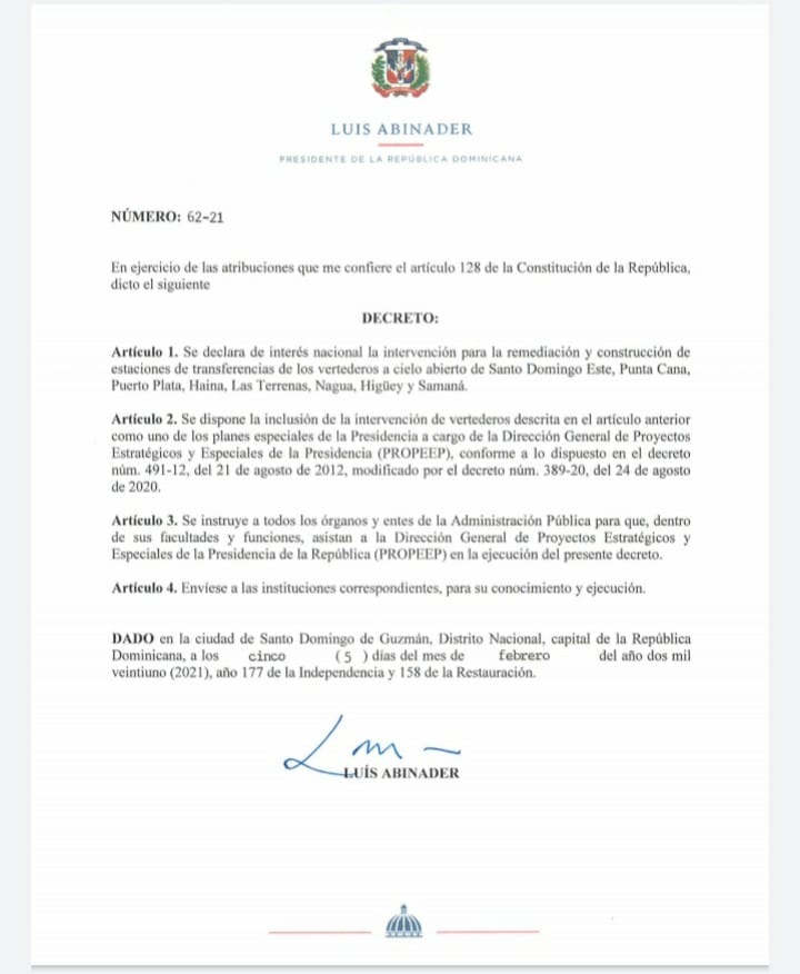 Presidente Abinader instruye mediante el decreto 62-21 la intervención de varios vertederos